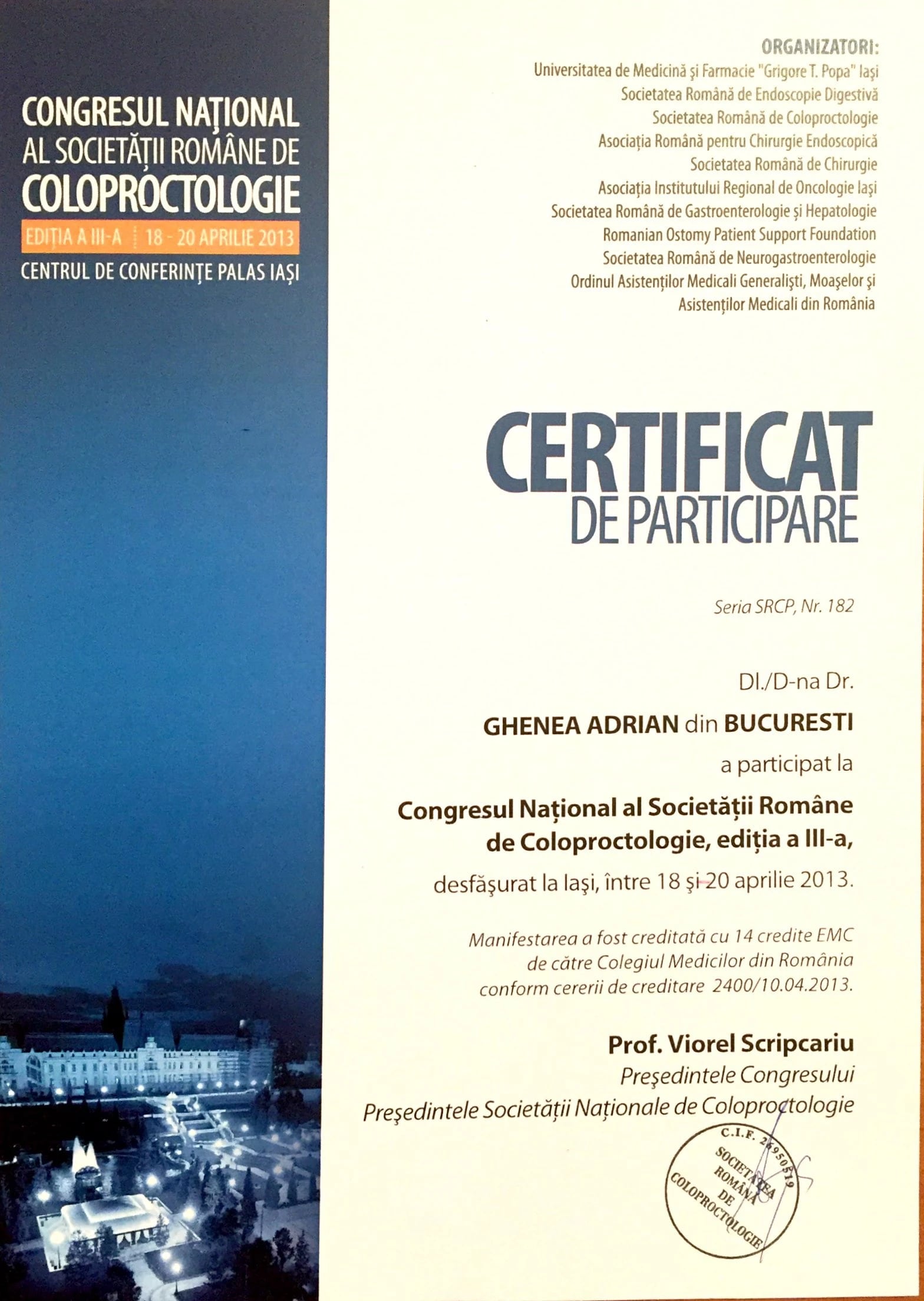 Congresul Național de Coloproctologie, ediția a III-a – certificat — Societatea Română de Coloproctologie