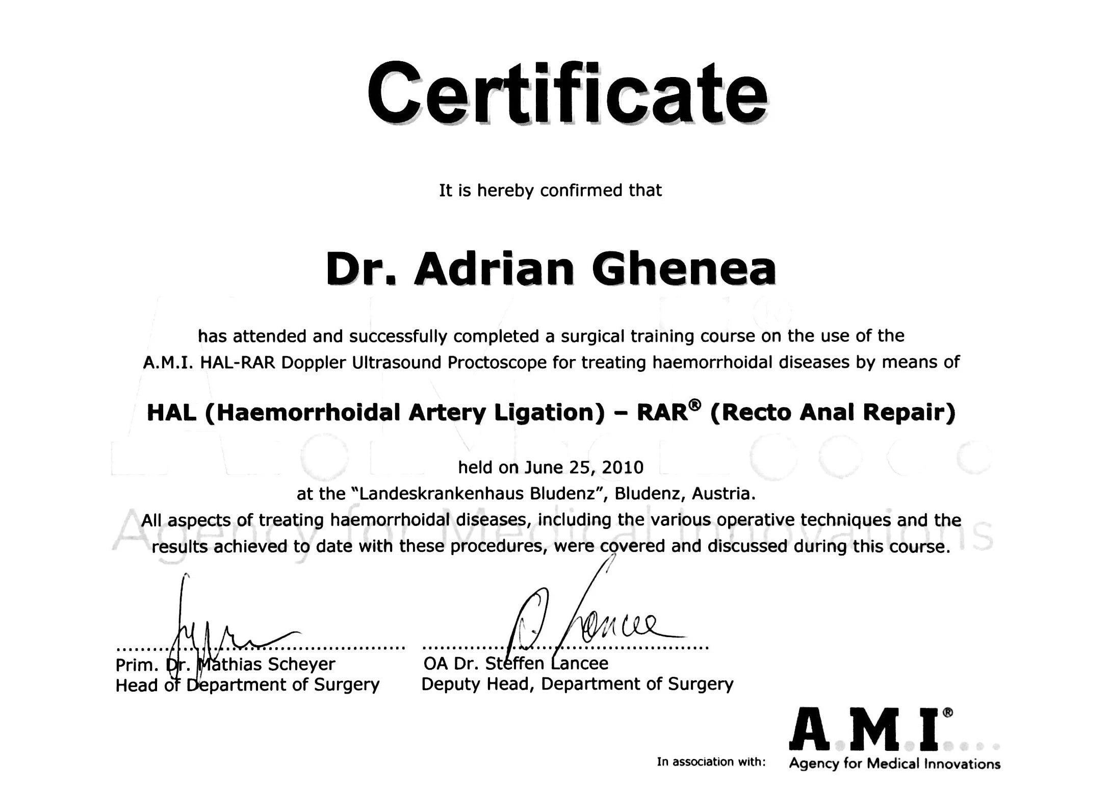 Curs HAL-RAR – Bludenz, certificat — A.M.I. – Agency for Medical Innovations