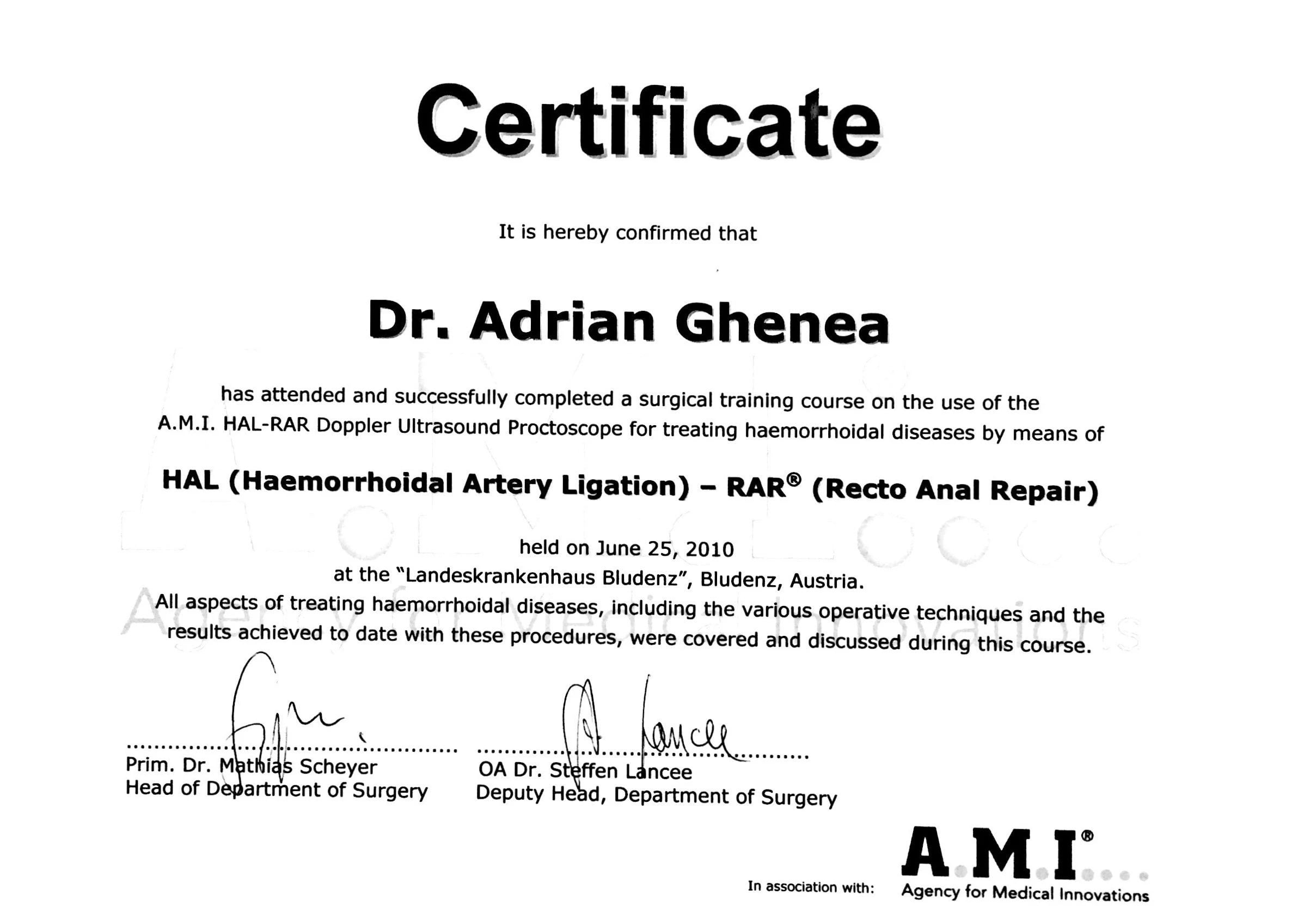 Curs HAL-RAR – ligatura arterelor hemoroidale, Bludenz — A.M.I. – Agency for Medical Innovations